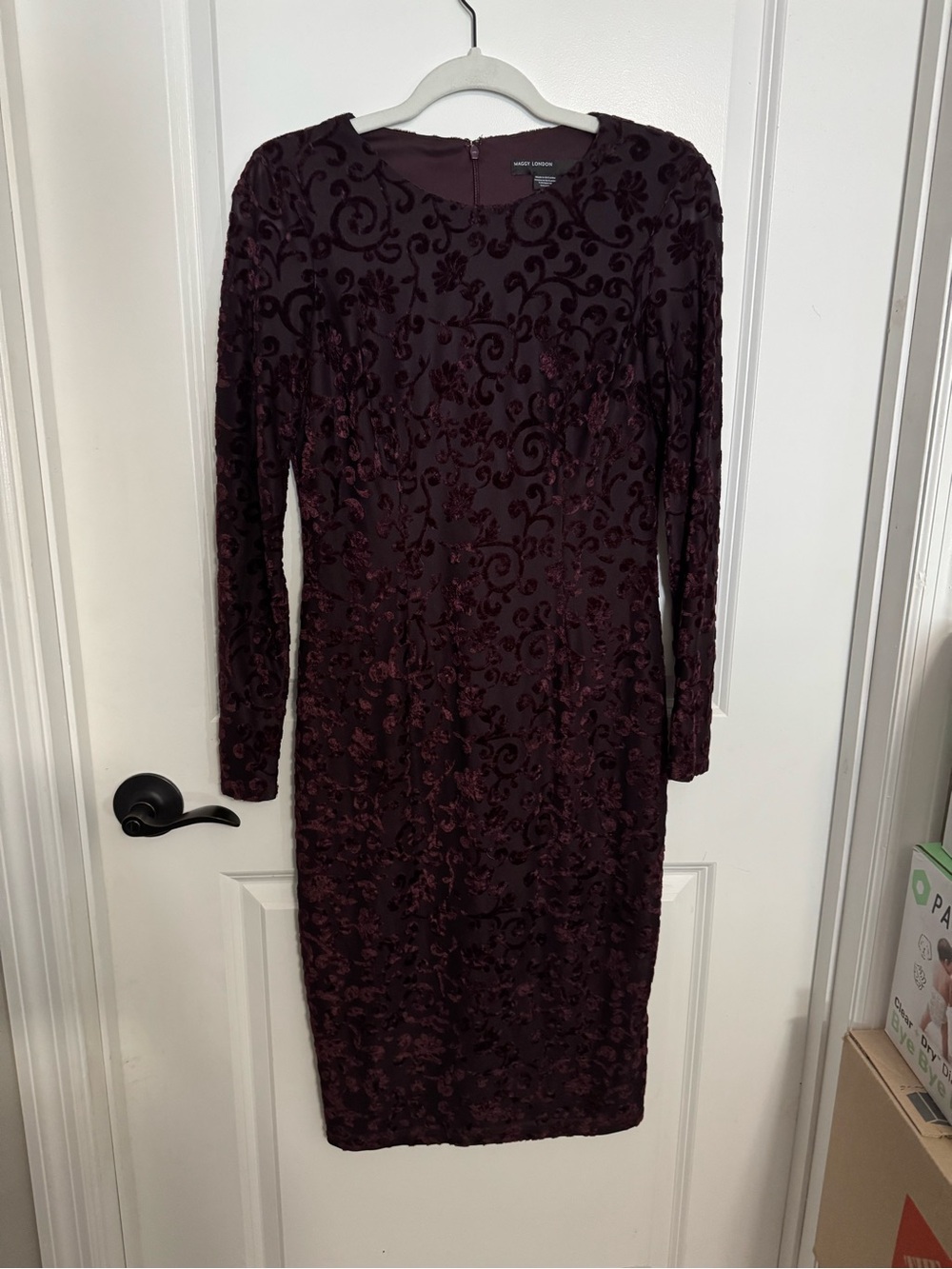 Maggy London Plum Velvet Burnout Long Sleeve Sheath Dress